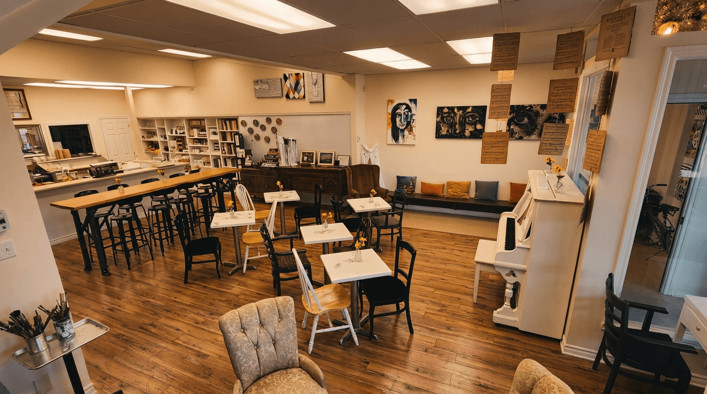 Comptoir, piano et accrochage dans la salle du café No Matter What, à Sainte-Marthe-sur-le-Lac